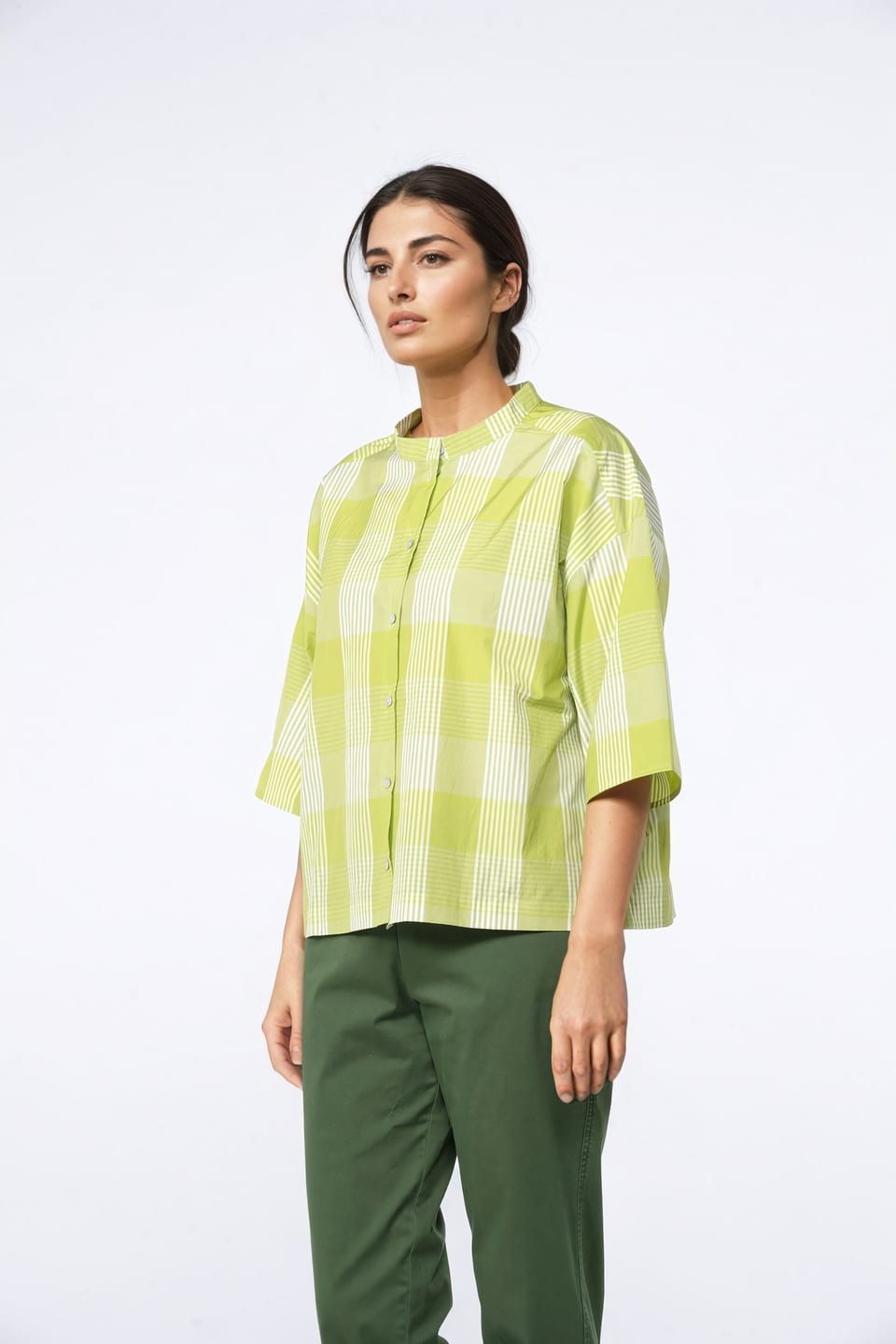 Blouse 419 - Cotton Blend with Gingham Check - 730KIWI - 10240110089