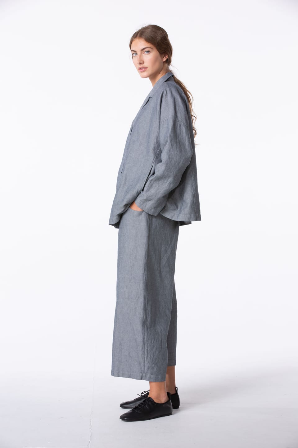 Trousers 424 wash - Cotton-Linen Piqué - 490NAVY - 10240110097