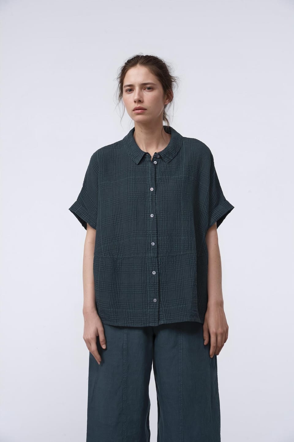 Blouse 429 - Linen-Cotton Glencheck - 672LAKE - 10240110130
