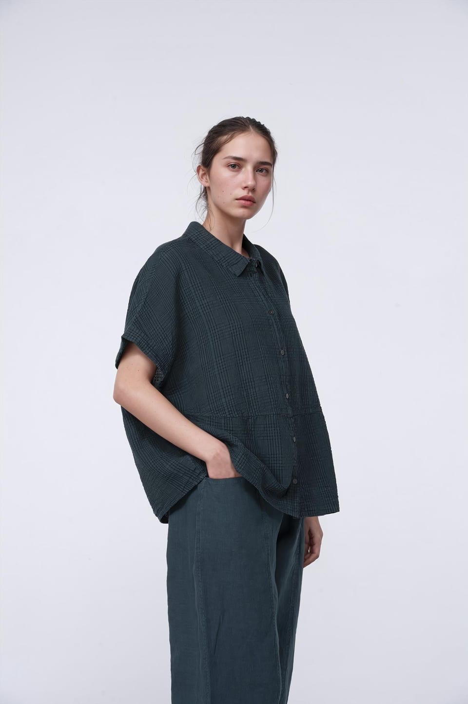 Blouse 429 - Linen-Cotton Glencheck - 672LAKE - 10240110130