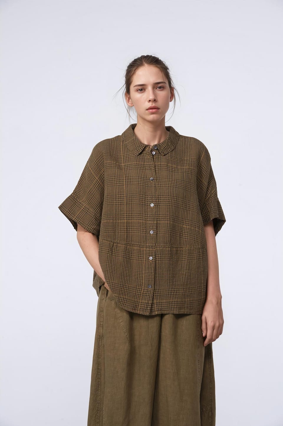 Blouse 429 - Linen-Cotton Glencheck - 842BISCUIT - 10240110130