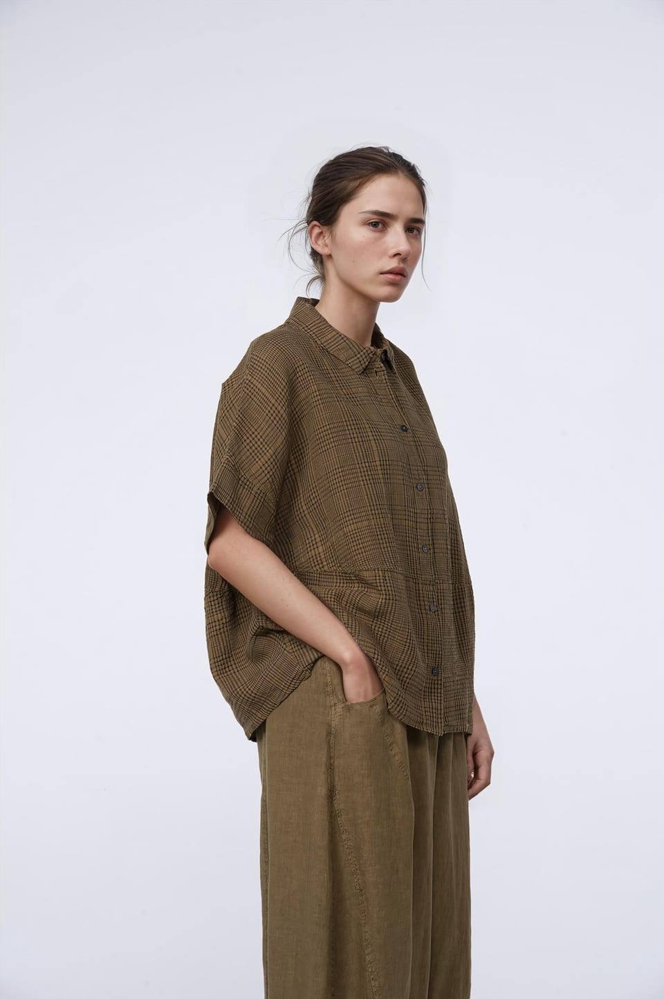 Blouse 429 - Linen-Cotton Glencheck - 842BISCUIT - 10240110130