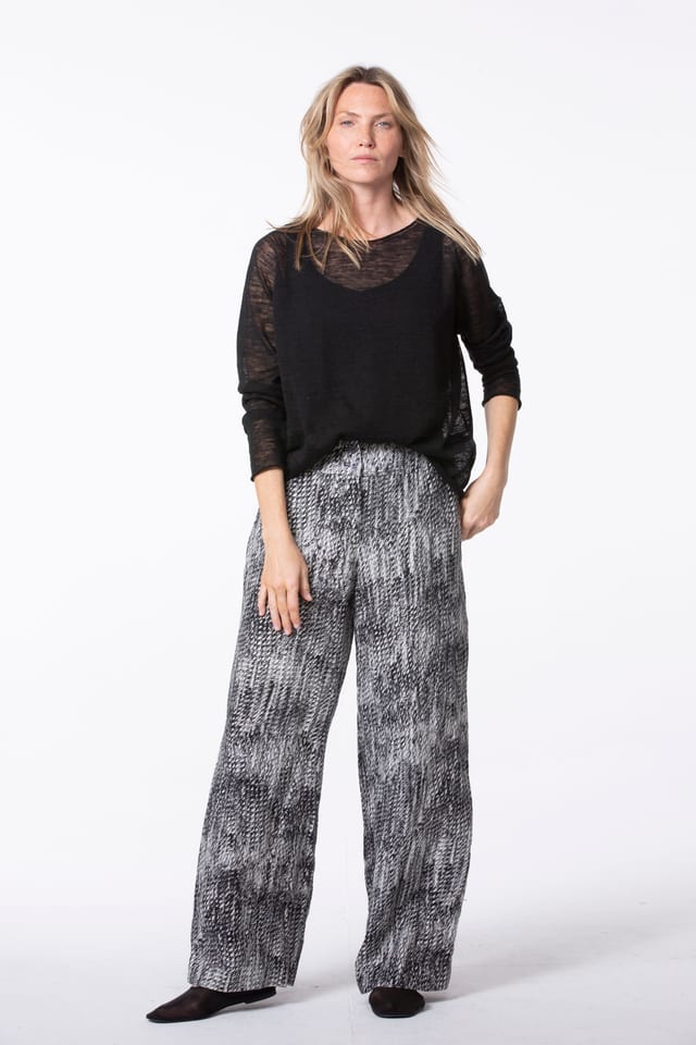 Trousers 542 wash - Scribble' Print on Pure Linen - 990BLACK - 10250110141