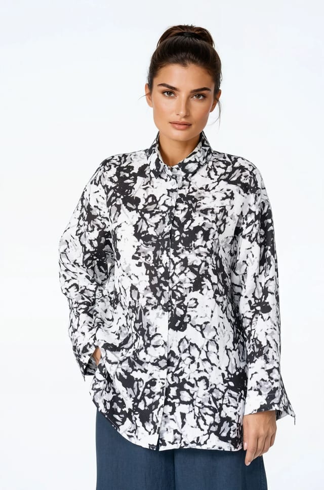Blouse 531 - Garden' Print on Linen - 990BLACK - 10250110147