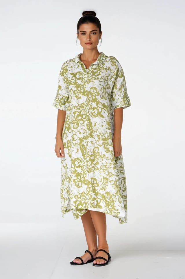 Dress 538 - Garden' Print on Linen - 750MATCHA - 10250110163