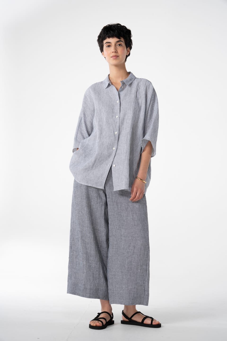 Trousers 614 - Linen stripes variations - 990BLACK - 10260110504