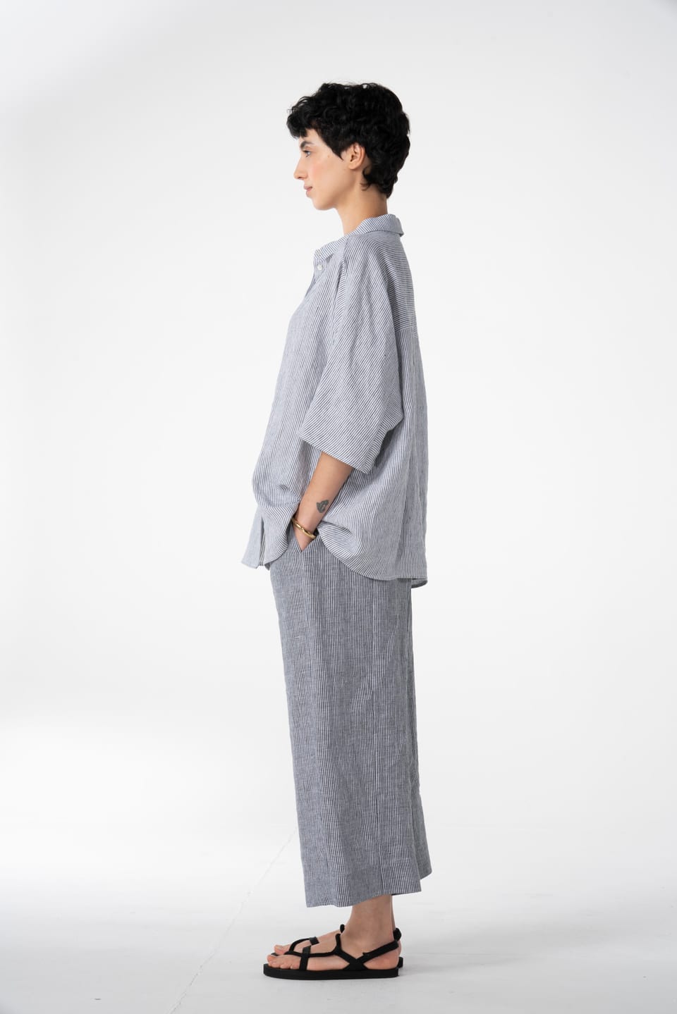 Trousers 614 - Linen stripes variations - 990BLACK - 10260110504