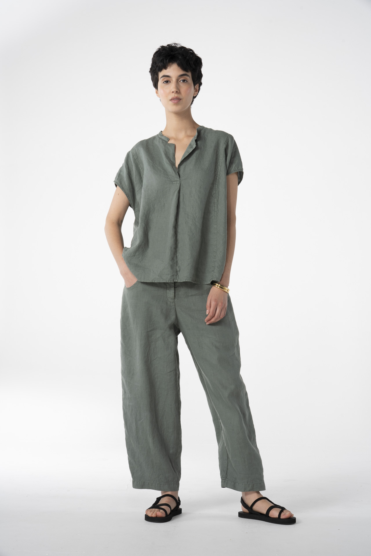 Trousers 621 Green Pure linen