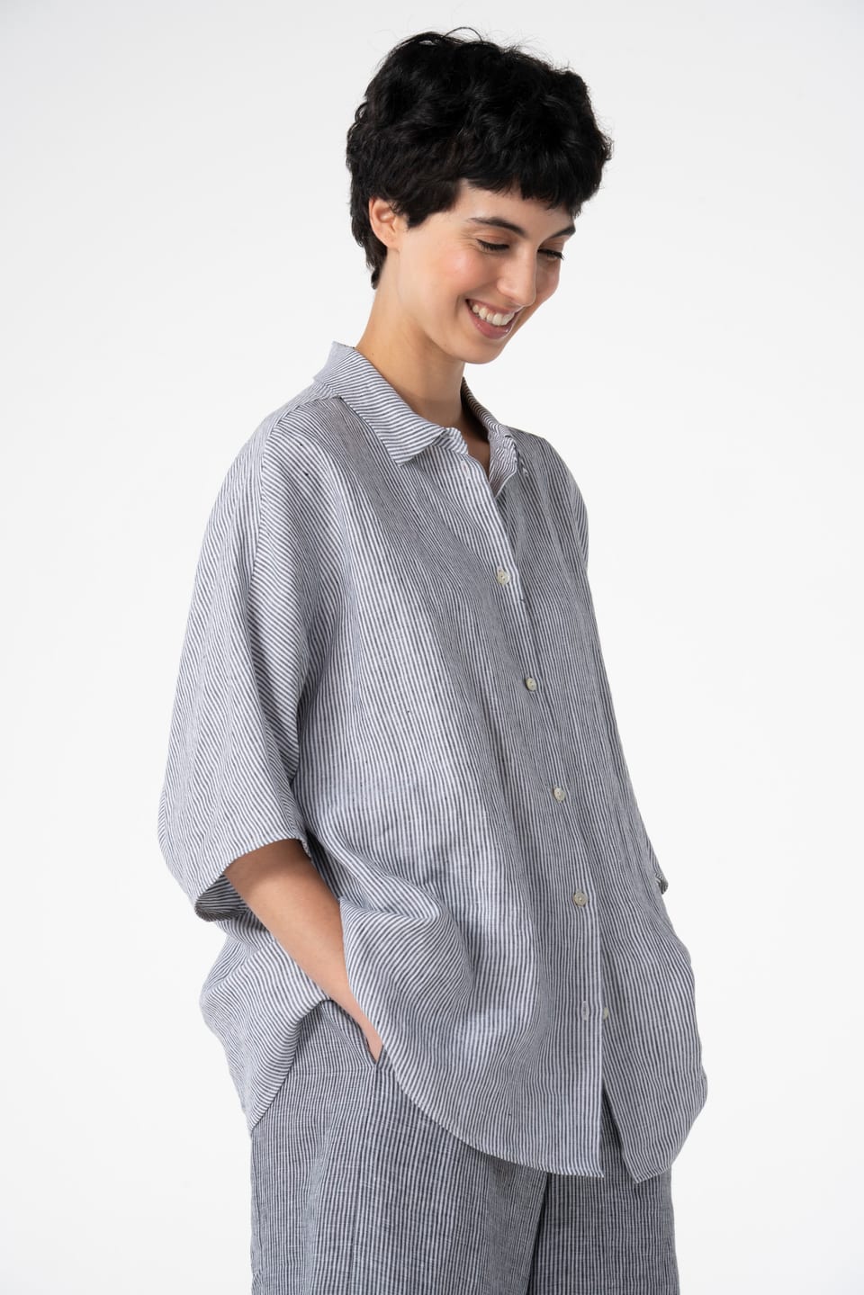 Blouse 622 - Linen stripes variations - 991BLACK - 10260110599