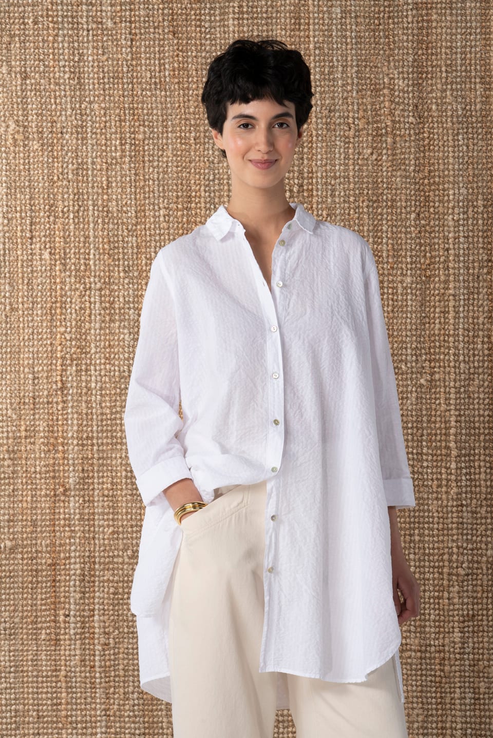 Blouse 637 - Cotton linen seersucker - 100WHITE - 10260110614