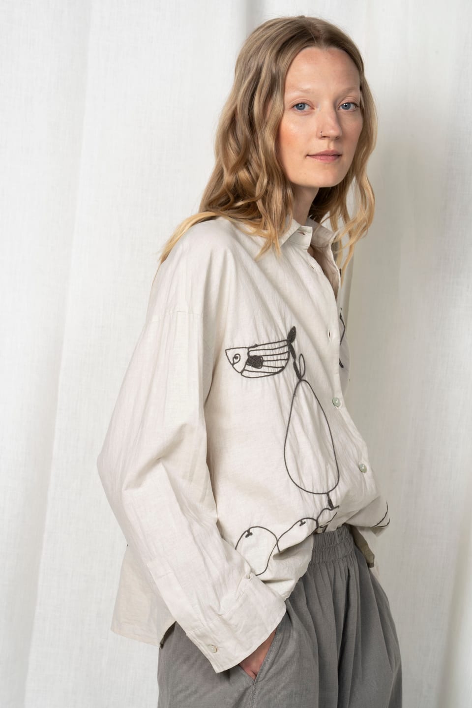 Chemisier 605 wash - Mélange lin-coton avec broderie - 790BELUGA - 60260110501