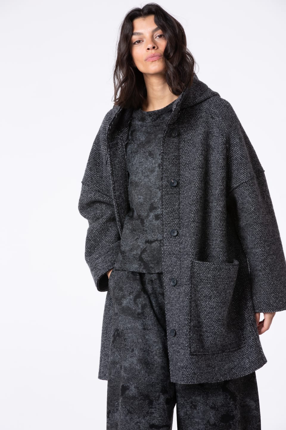 Coat 507 - Pepper and Salt Boiled Wool - 990BLACK - 10250710066