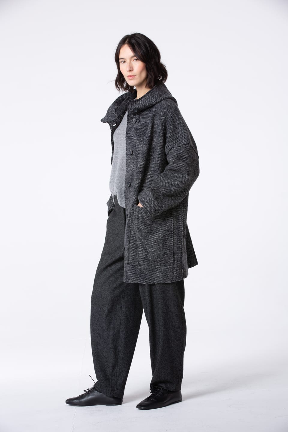 Trousers 529 - Flannel herringbone in wool blend - 990BLACK - 10250710103