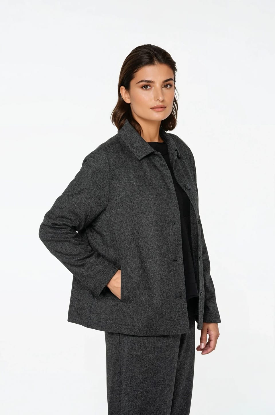 Jacket 524 - Flannel herringbone in wool blend - 990BLACK - 10250710136